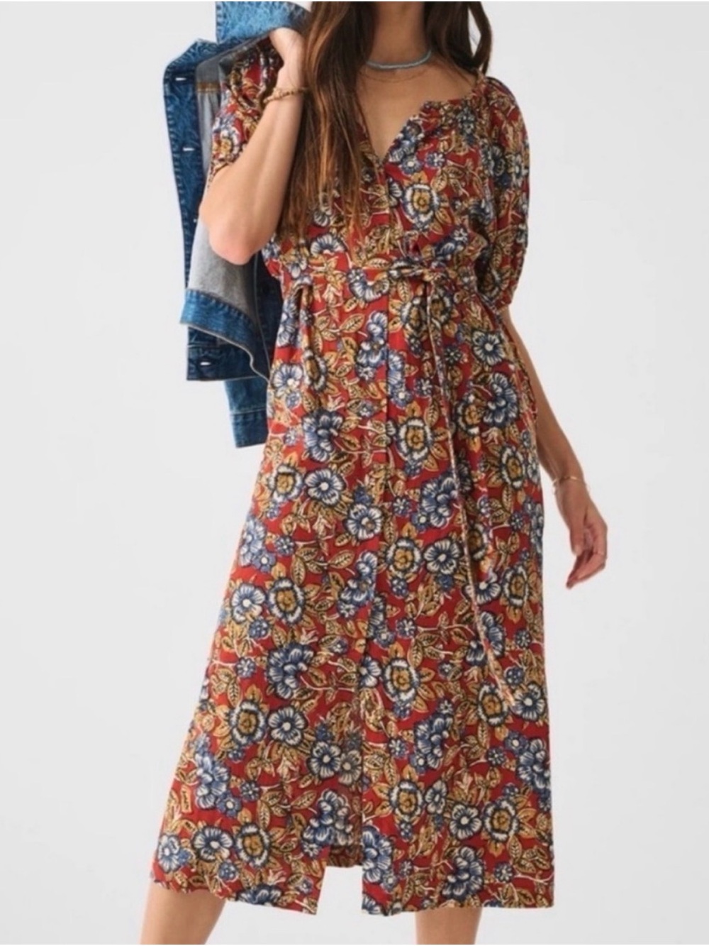 Faherty Floral Tie-Waist Midi Dress